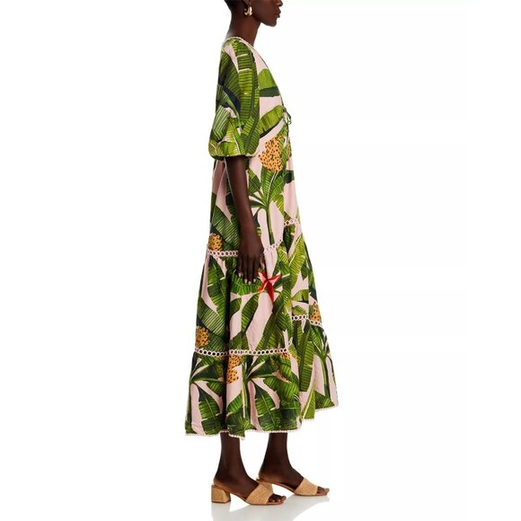 285$ Farm Rio Banana Leaves Tiered A-Line Midi Dress Size M Pink Green - Picture 3 of 5